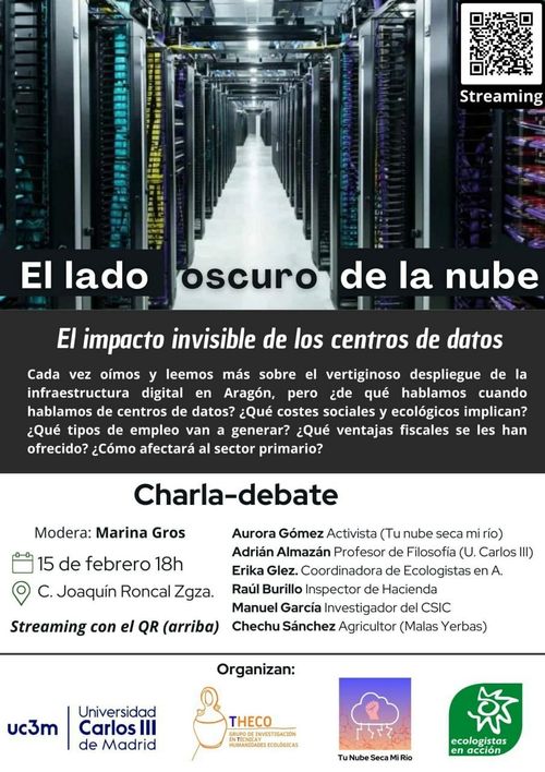 El lado oscuro de la nube 
El impacto invisible de los centros de datos
¿ De qué hablamos cuando hablamos de #centrosdedatos?
¿Qué costes ecológicos y sociales implican? 
¿Qué tipos de empleos van a generar?
¿Qué ventajas fiscales se les han ofrecido?
¿Cómo afectará al sector primario? 